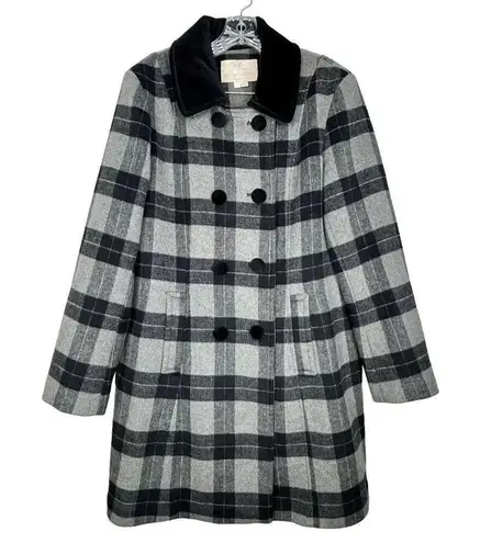 Gal Meets Glam Pea Coat Large Marnette Wool Plaid Velvet Black Double Breasted