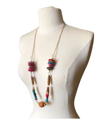 Vintage Boho 80s Retro Style Eclectic Irregularly Wood Beads Gold Chain Necklace Purple