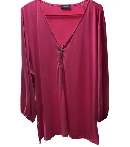 Tahari TOP Size 3X Peasant Sleeve Zipper V-Neck Bright Pink Resort Wedding Boho