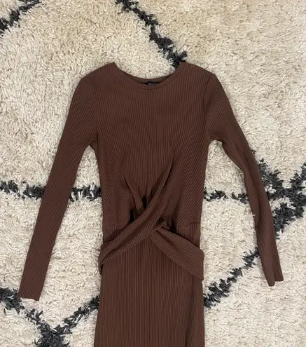 ZARA Brown Ribbed Midi Belted Dress