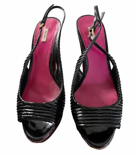 Miu Miu Black Patent Leather Sandals Peep Toe Sling Back Platforms Italy 38.5