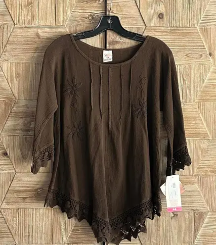 NWT Manta Del Lago Cotton Top Brown Sz Small 3/4 Sleeve Pointed Hem