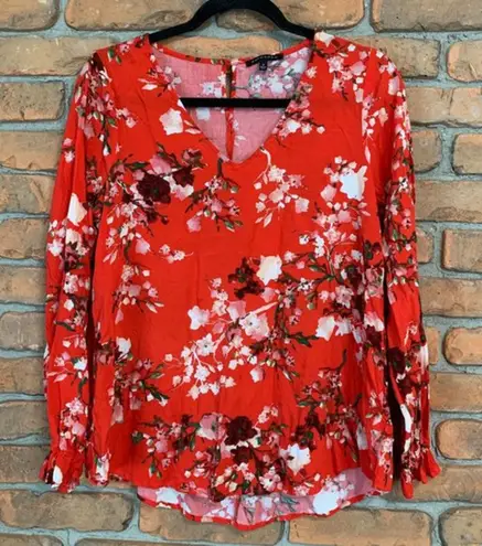 Staccato Women's Floral Print Long Sleeve V-Neck Blouse Top Red Pink - Size S