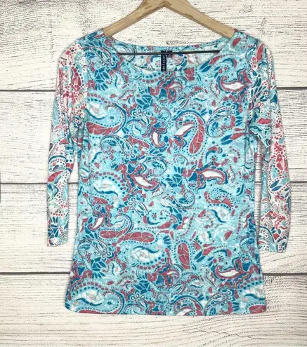Casey Key Blue & Pink Paisley Boat Neck Sheer 3/4 Sleeve T