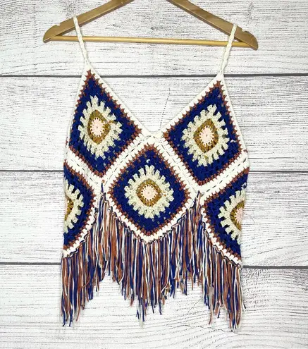 Bohemian Crochet Granny Square Fringe Festival Sleeveless Crop Top Size XL Blue