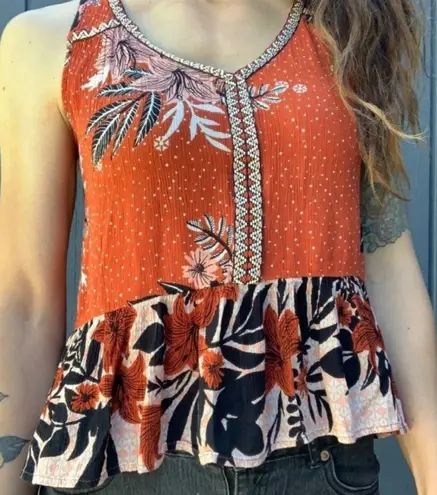 Patrons of Peace sleeveless embroidered floral ruffle hem boho tank, size medium
