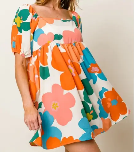 Boutique BiBi Floral Puff Sleeve Square Neck Babydoll Mini Dress XL Retro Style 70s New