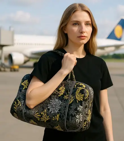 Vera Bradley Floral Grand Traveler Bag Yellow Gray Black Quilted Duffle