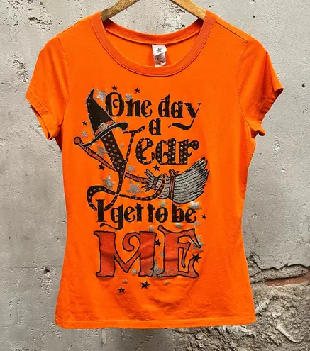 Vintage Y2K One Day I Get To Be Me Glitter Graphic Witch Witchy Halloween Tee XL Orange