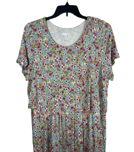 J Jill Short Sleeve Light Colors Floral Knee Length Dress Soft Stretch XL Modest Blue