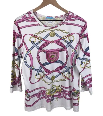 J. McLaughlin  Catalina Cloth Blouse Top Size XL White Horse Bit Equestrian Print