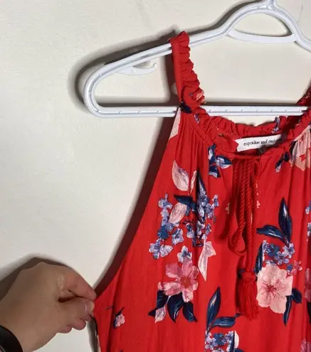 Cupcakes and Cashmere Cupcake and Cashmere crepe coral red floral ruffled tassel tie sun dress size L