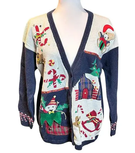 Crystal Kobe Vintage Ugly Christmas Sweater Ramie Snowman Bells Elf Blue Large