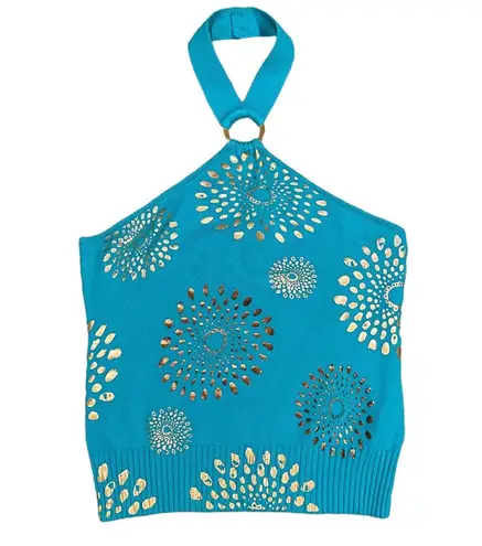 Y2K Halter Top Sz Medium Turquoise Metallic Printed Top Blue