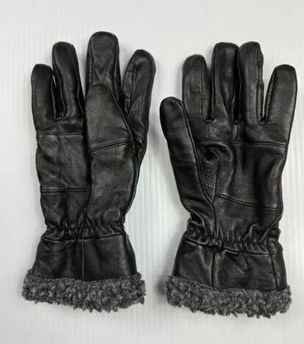 Black Leather Gloves with Plush Gray Fleece Lining Cold Weather size M - Image 1