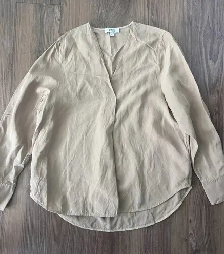 COS Linen Blend Long Sleeve Blouse Beige Brown Top Resortwear Beach Coastal
