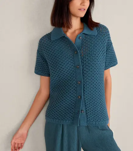 HAVEN WELL WITHIN WOMENS COTTON KNOT STITCH CARDIGAN SWEATER BUTTON LARGE TEAL Blue