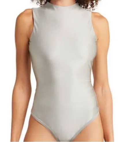 House Of Harlow 1960 Silver Metallic Bodysuit Thong Mock Neck Top M Size M