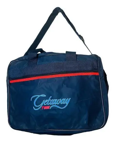 Vintage TWA GETAWAY Navy Blue Red Vinyl Carry On Travel Bag Shoulder Strap Bag