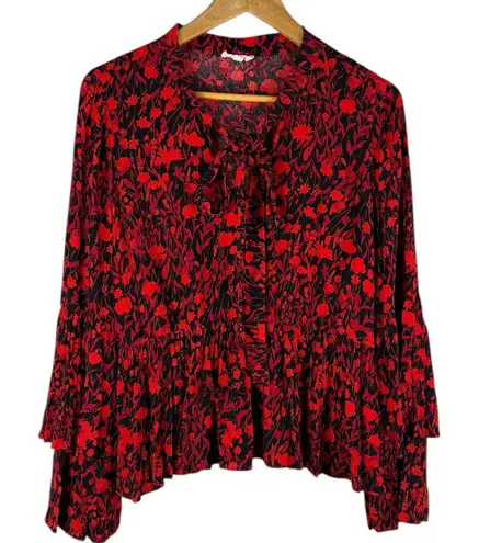 A loves A Double Tiered Sleeve Tie Neck Floral Peplum Top Red Black Size Medium