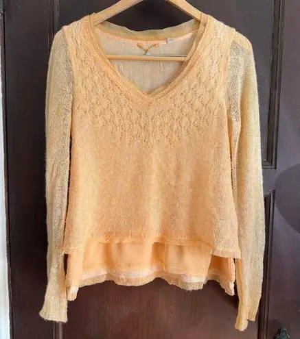 KNITTED AND KNOTTED Peach Open Weave Alpaca Blend Layered V Neck Sweater Medium Orange