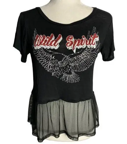 Vintage Y2K Wild Spirit Cropped Top S Black Sheer Ruffle Short Sleeves Eagle