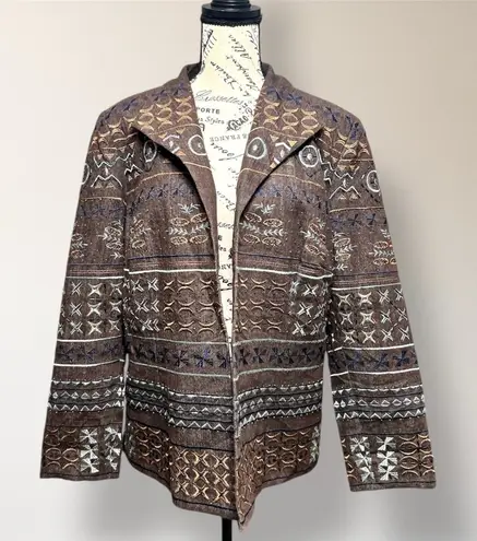 Coldwater Creek W18 Brown Embroidered Beaded Jacket Boho Artsy Open Front Blazer