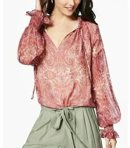 Ramy Brook Luanne Paisley Print Long Sleeve Silk Blouse Cherry Red Women's XS