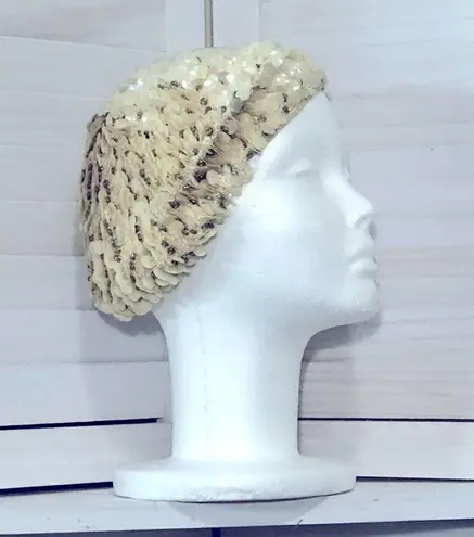 Vintage Handmade Beaded Sequin Beret Hat Gold