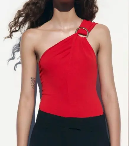 ZARA NWT  Red Cross Strap Bodysuit with Silver Ring Hardware