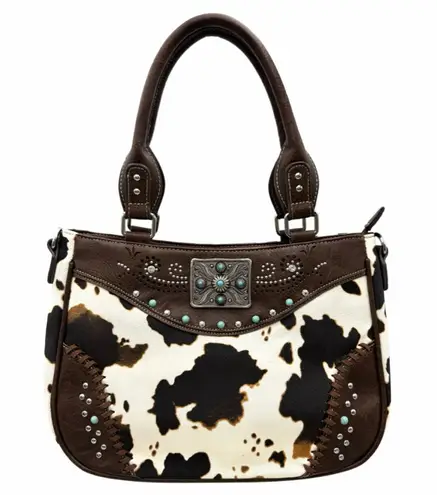Rectangle Concho Cow Print Western Crossbody Purse Brown