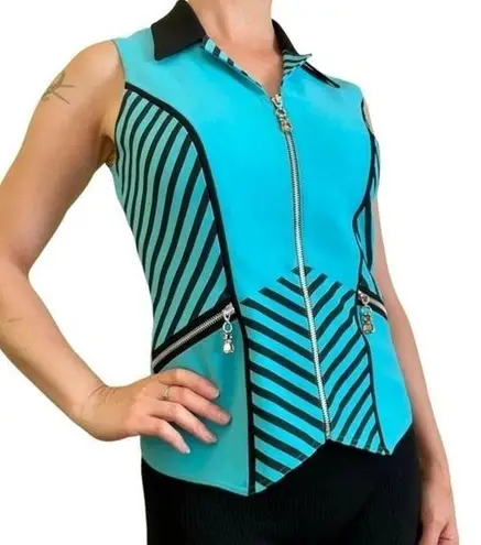 Alberto Makali Vintage New York Turquoise Striped Zipper Sleeveless Blouse Vest