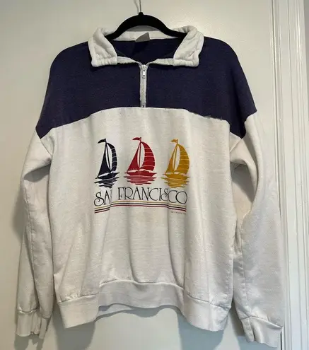 VTG 90s San Francisco California Sailboat Graphic 1/4 Zip Pullover Sweatshirt. Blue Size L