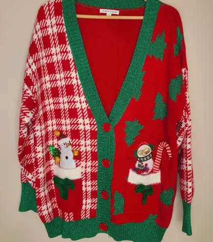 Celebrate Together Christmas Holiday Party Snowman Candy Cane Cardigan Sz XL Red