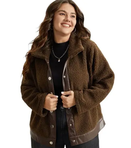 Bloomchic PU Leather Patchwork Metal Detail Brown Teddy Jacket Size 14/16