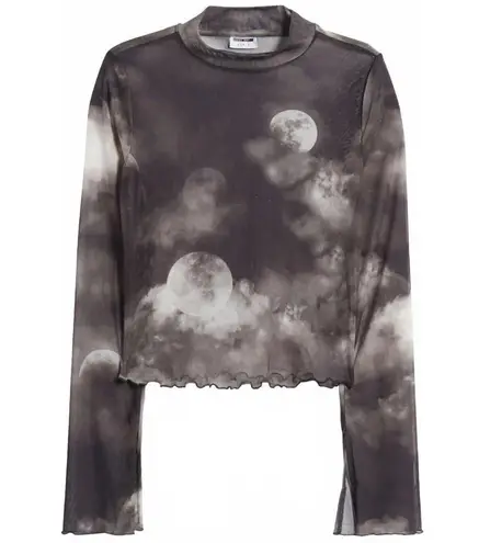 Noisy May Luna Sheer Lettuce Edge Long Sleeve Top Moon Print Black NWT Size XS