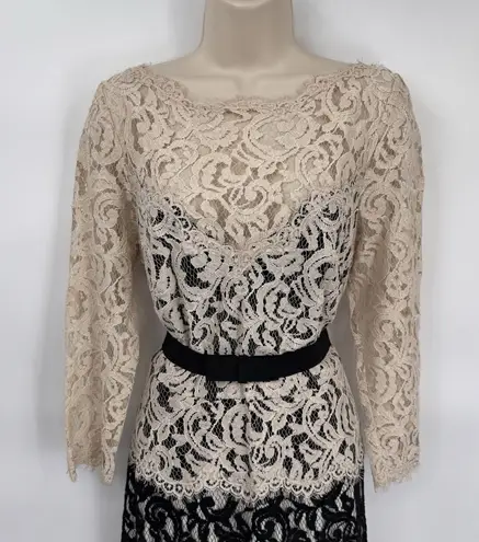 Tadashi Shoji Formal Long Gown Dress Womens 14 Black Cream Lace Belt