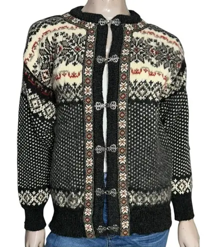 Dale of Norway M Black Red white Classic Fair Isle Wool Knit Clasp Ski Sweater Size M