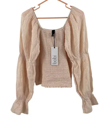 Bobi Blouse Large Smocked Bare Light Peach NWT Long Sleeve 100% Cotton Stretch