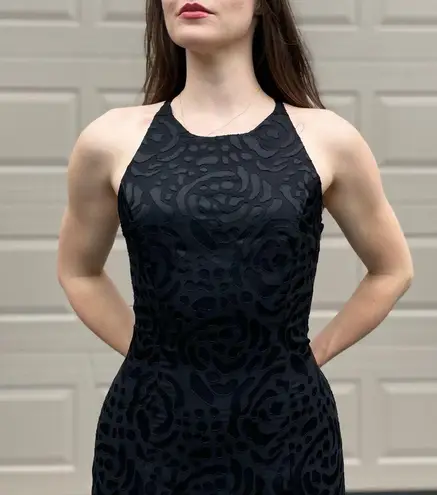 Vintage Onyx Nite Black Textured Floral Satin High Neck Formal Black Tie Gown L Size L