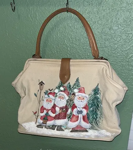 Vintage Hand painted Santa Canvas Tote Bag with Tan Handles Christmas Purse - Image 1