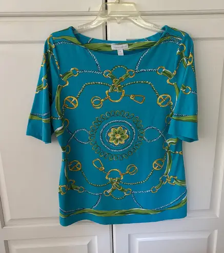 Charter Club Teal Equestrian Print Boat Neck 3/4 Sleeve Top Women's Medium