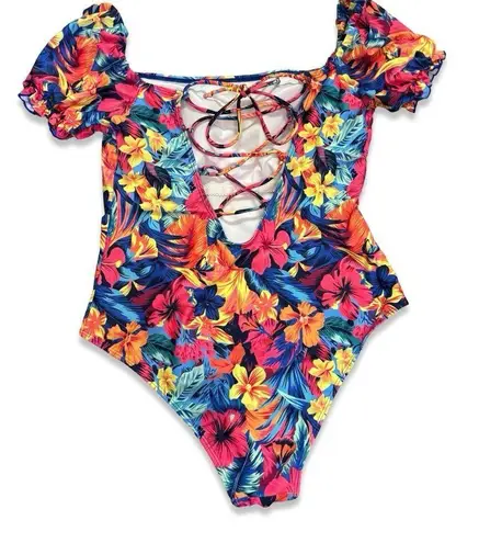 One Piece 4/$15 TROPICAL FLORAL OFF THE SHOULDER LACE UP BACK  SWIM SUIT