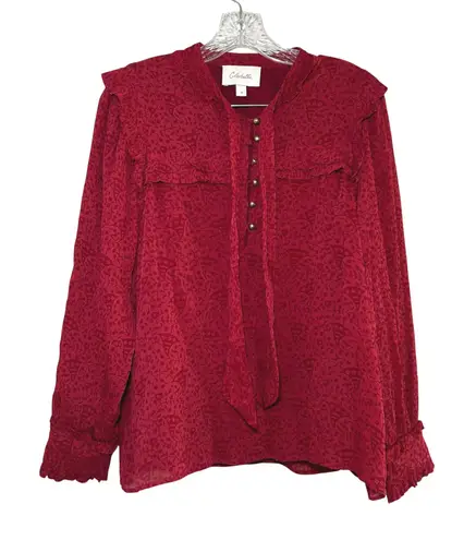 Cleobella Red Floral Print Ruffle Neck Tie Blouse Women's Size M preppy career