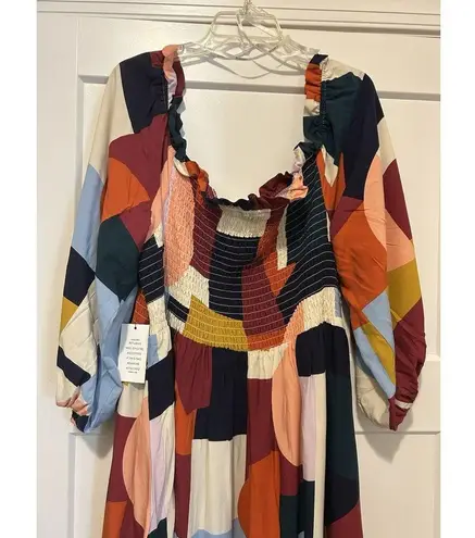 Eloquii New Eloquiii Abstract Long Sleeve Smocked Square Neck Ruffle Maxi Dress Size 26