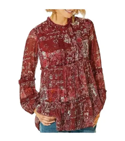 Soft Surroundings Bailletta Blouse Cabernet Flowy Boho Long Sleeve Top Medium