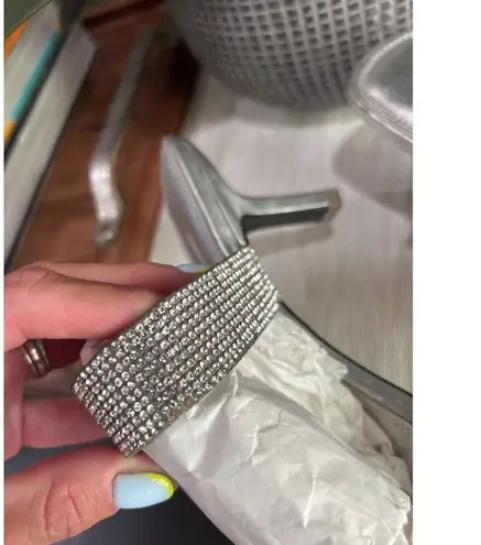 Black Suede Studio Cali SILVER Glitter Slide Sandal Womens Size 38.5