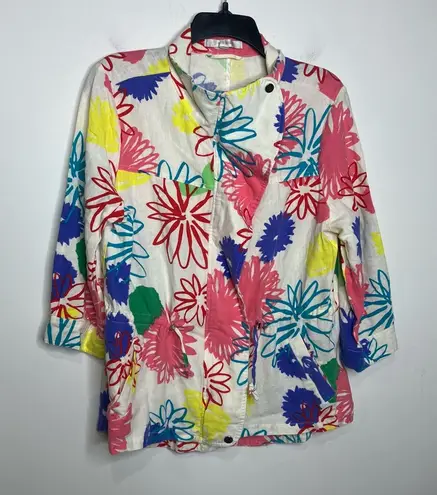 Erin London linen blend full zip jacket 3/4 sleeves multicolored floral size L White Size L