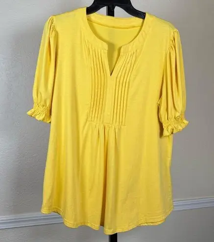 Flowy Yellow Boho Blouse Feminine Cottagecore Puff Sleeve Stretchy Large Top