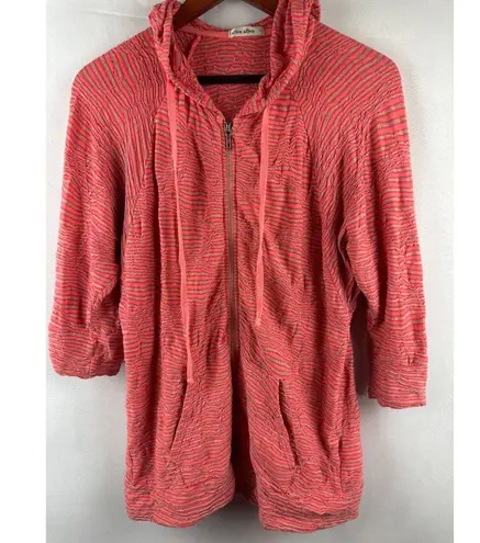 Allen Allen S Womens Textured Hooded Jacket Coral Stripe Zip Front